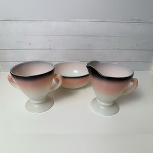 Vintage HAZEL ATLAS OVIDE Sugar & Cream Set & Small Bowl Retro Pink Black